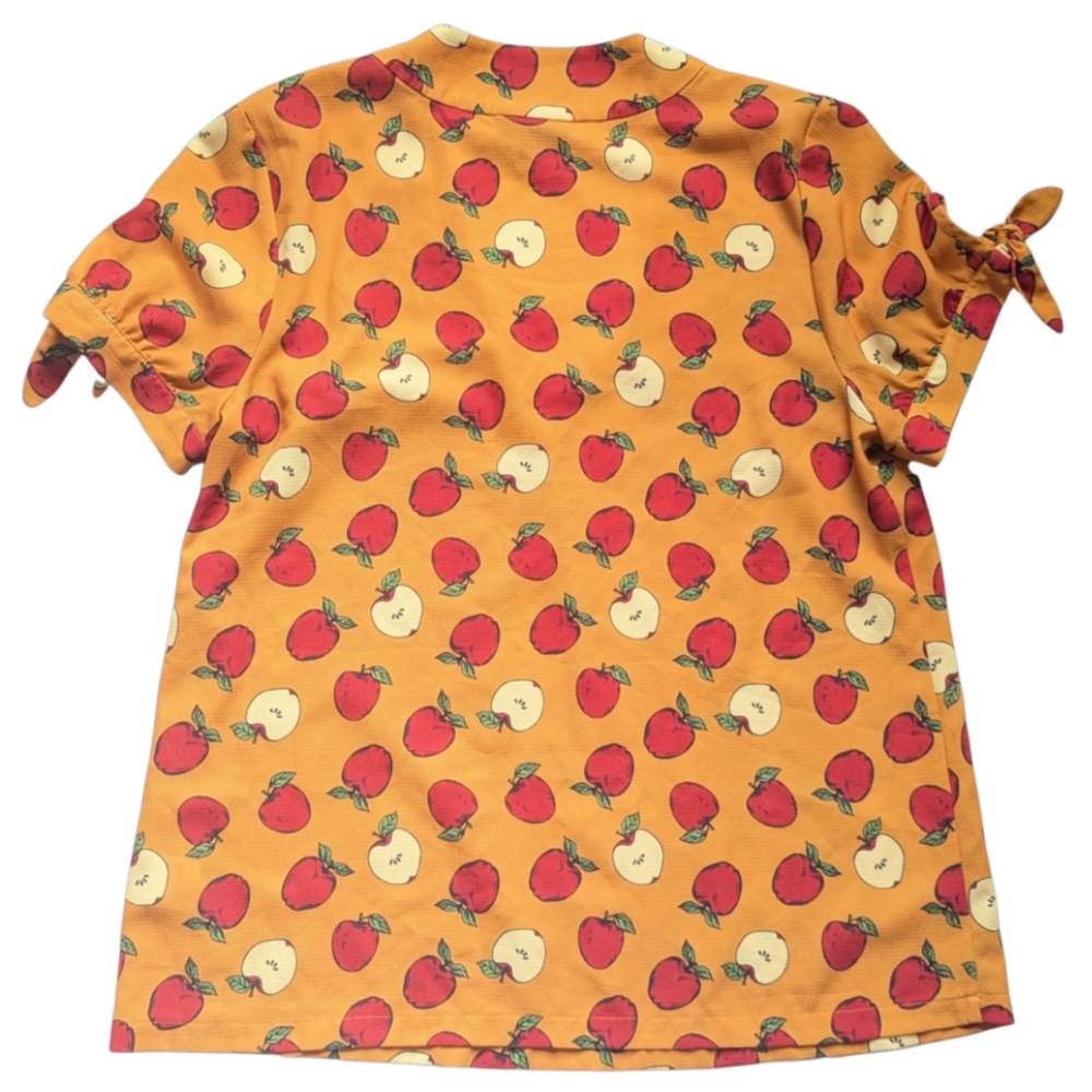 Modcloth V-Neck Red Apple Print Orange Short Tie Sleeve Blouse Size Large EUC - Picture 3 of 9